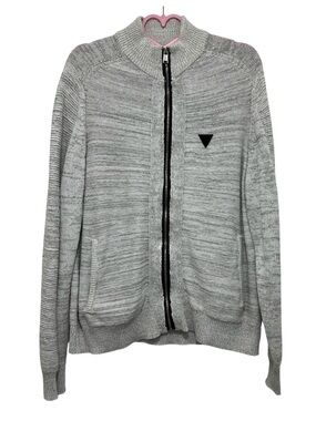 GUESS Men's Charles Marled Full Zip Mock Neck Sweater Gray White Size L